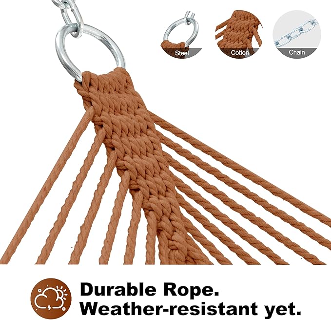 GAFETE 12ft Family Hammocks, Handwoven Traditional Cotton Rope Hammock with Hardwood Spreader Bar, Chains and Hooks for Indoor Outdoor, Max 450 lbs Capacity (Coffee Brown, Large)