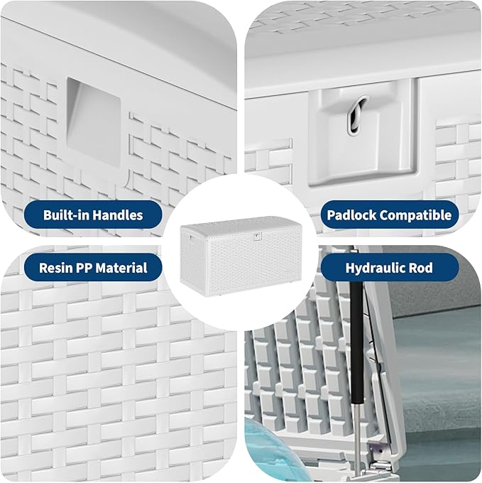120 Gallon Waterproof Large Resin Deck Box Indoor Outdoor, Lockable Storage Container for Patio Furniture Cushions, Throw Pillows, Garden Tools, and Pool Floats, White