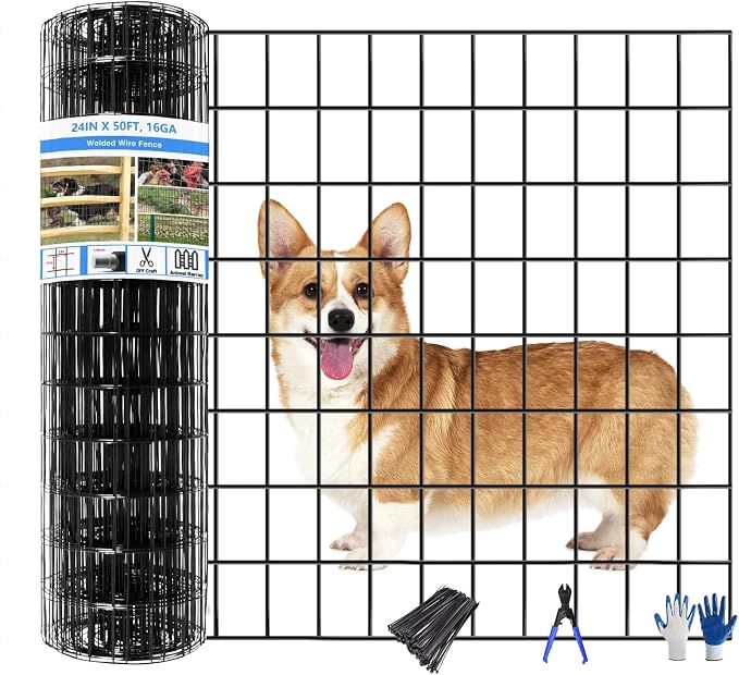 GILPWA Welded Wire Fence, 100ft(L) x 24inch(H) Garden Fence for Dog, 2 Inch x 3 Inch 16GA Fencing for Chicken, PVC Coated Anti-Rust Roll Metal Wire Mesh Fence for Yard Vegetable, Black