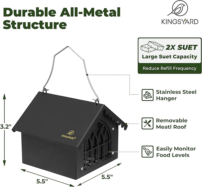 Kingsyard Double Upside Down Suet Feeder with Weatherproof Roof, All Metal Suet Feeders for Outdoors Hanging, Great for Downy Woodpecker Nuthatch Chickadee, Black