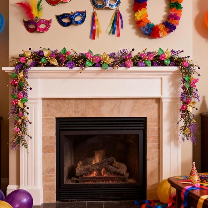 70 Inch Mardi Gras Glitter Garland, Purple Gold Green Poinsettia Flower Garland with Balls for Mantel, Door, Walls, Carnival Indoor Outdoor Home Decor
