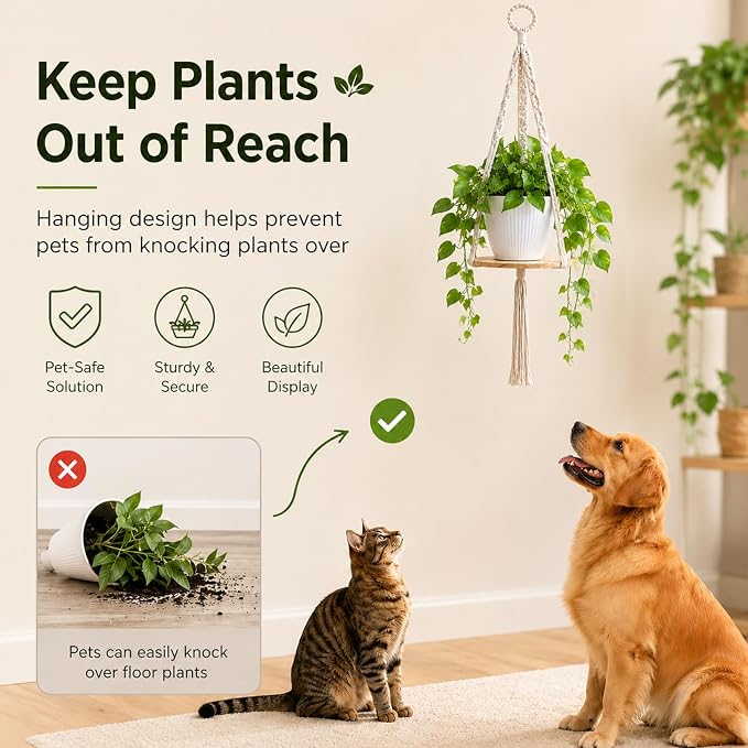 Artilady 2 Pack Macrame Hanging Planter with Wood Shelf, Boho Plant Hanger for Indoor Plants Basket Holder for Window Balcony Kitchen