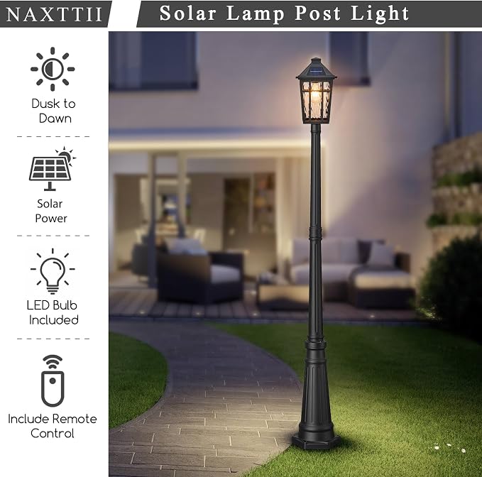 Outdoor Solar Lamp Post Light Dusk to Dawn Waterproof Solar Pole Lights with Water Ripple Glass 80.7 Inch Height Aluminum Black Street Light with Remote Control and LED Bulb