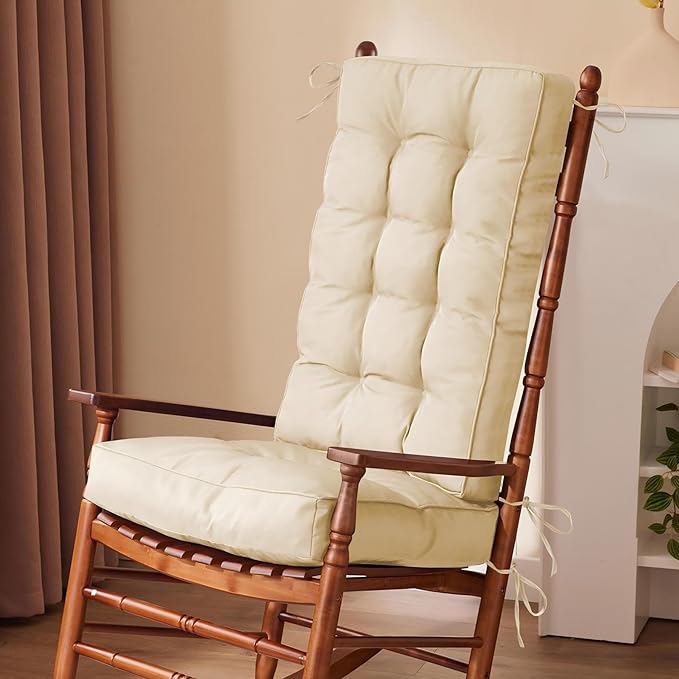 IPYNBAP Rocking Chair Cushion, Waterproof and Fade-Resistant Patio Chair Cushions, Tufted Chair Pads for Rocker Furniture, 18x18 Inch, Indoor/Outdoor Seat Cushions with Ties, Beige