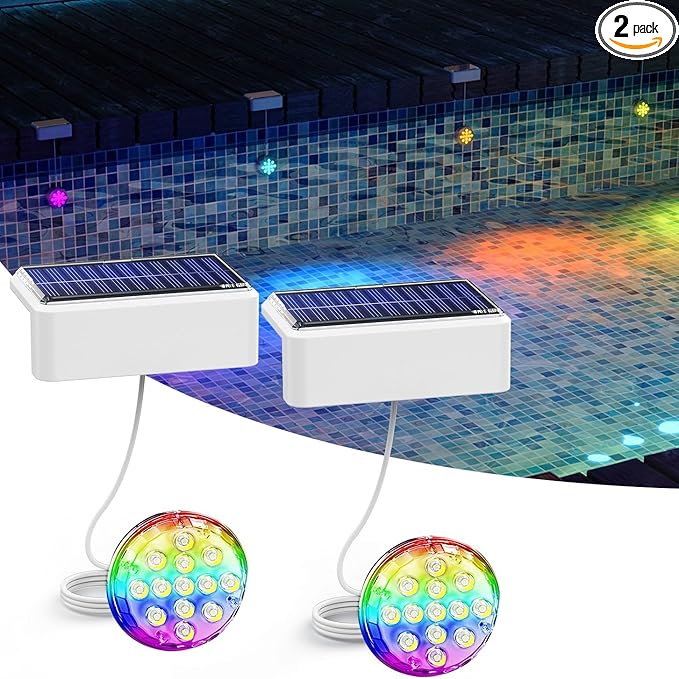 Solar Pool Lights, Solar Powered Submersible LED Lights with Remote IP68 Waterproof Swimming Pool Lighting, 16 Colors Underwater Pool Light for Above Ground Inground Pool, Pond (White,2 Pack)