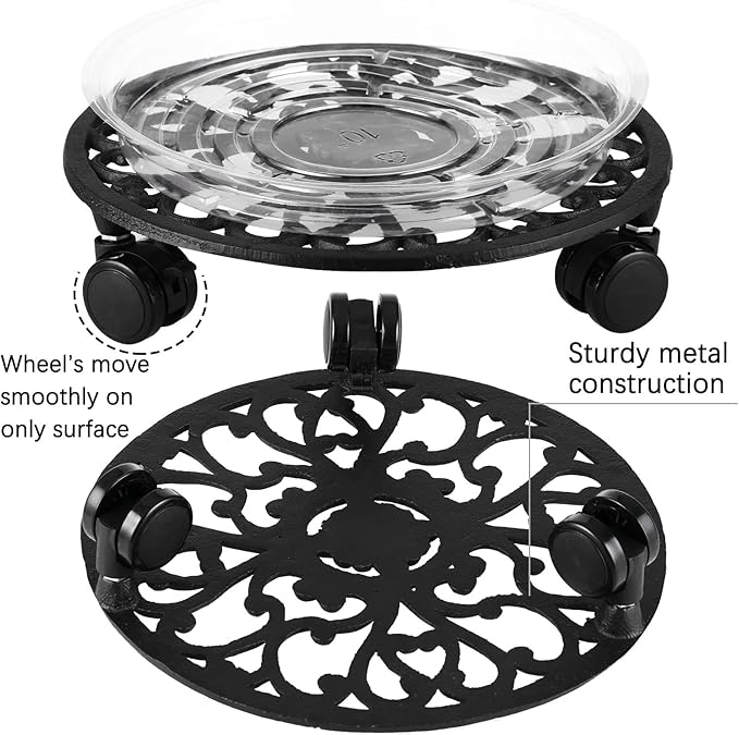 11 Inch Rolling Plant Stand with Wheels Wrought Iron Rolling Plant Stand with Casters Heavy Duty for Indoor Plants Rollers Base Metal Round Plant Dolly withWheels 1 Pack