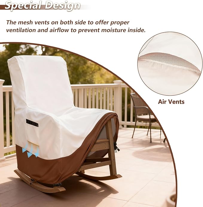 Outdoor Rocking Chair Covers, 600D Heavy Duty Waterproof Patio Recliner Chair Cover, Outdoor Furniture Covers Waterproof for Lawn/Garden Patio Rocking/Recliner Chair, Beige&Brown