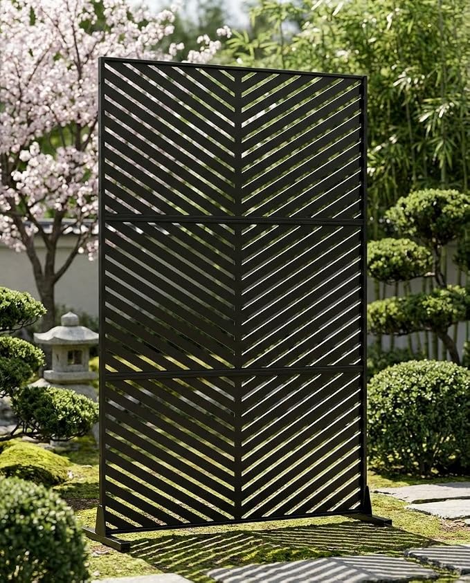 72" h × 47" w Outdoor Privacy Screen, Laser Cut Metal Garden Divider Panel with Tropical Leaf Design, Freestanding Weatherproof Privacy Fence for Patio Deck Backyard Balcony