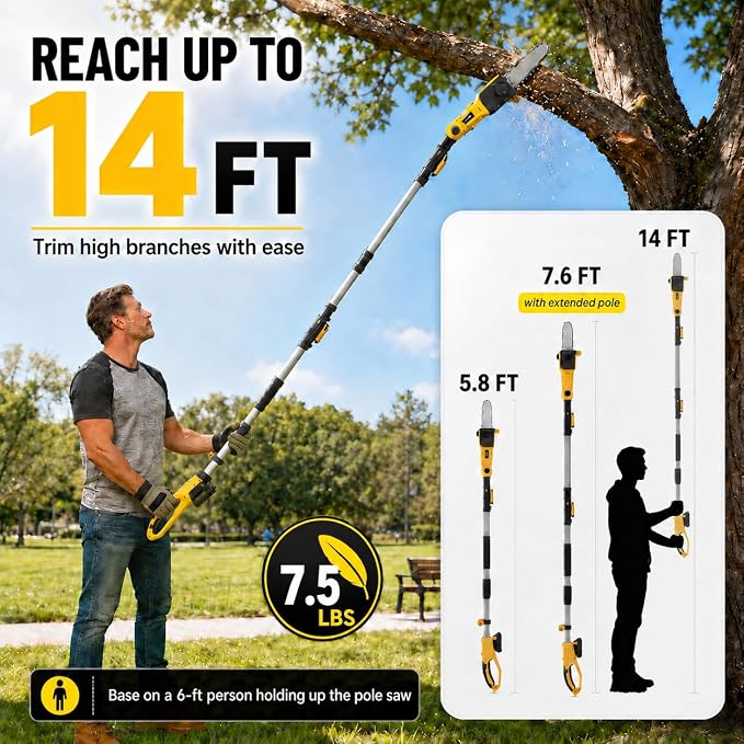 Grasstigon 8" Cordless Pole Saw Compatible with Dewalt 20V Battery | Electric Pole Saw Battery Powered, Tool-Free Tensioning, 14 FT Reach Pole Chainsaw for Tree Trimming Wood Cutting Tool Only