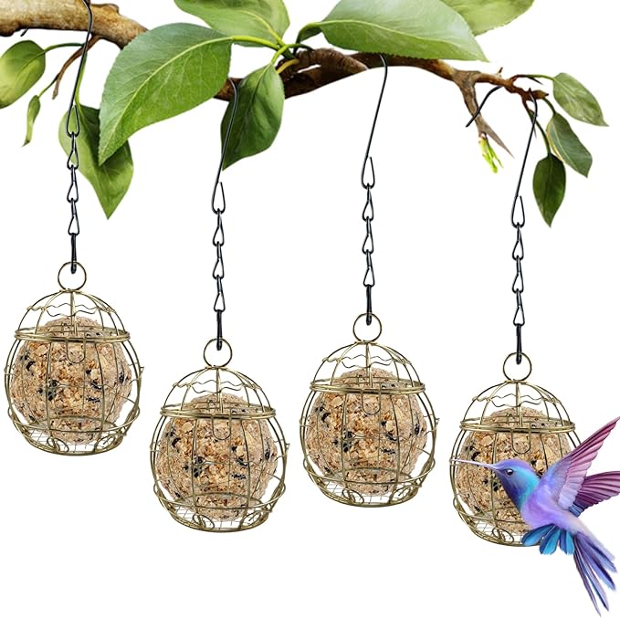 4 Pack Bird Feeder, Suet Ball Feeders for Outside Hanging, Metal Hanging with Hooks, Fat Ball Bird Feeder Suet Feeder for Wild Birds Outdoor Garden
