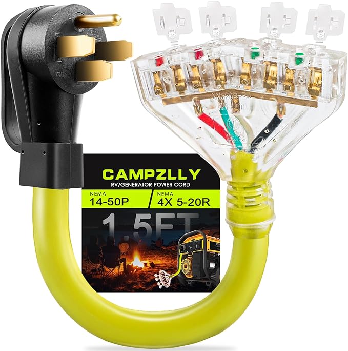 50 Amp to 110 Adapter RV Cord, 50 Amp to 20 Amp Adapter, NEMA 14-50P Male Plug to 4X 5-15R/5-20R Household Outlet Female with Dust Protection Caps, 1.5 FT