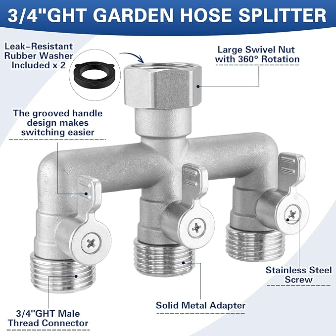 304 Stainless Steel 3 Way Garden Hose Splitter, Heavy Duty Hose Bib Splitter with 3 Shut Off Valves, High Flow Outdoor Faucet Splitter, 3/4" GHT Water Hose Connector for Garden, Yard, Irrigation