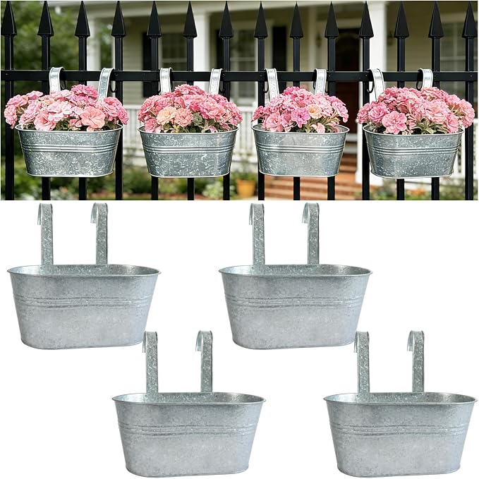 Balcony Galvanized Hanging Planters Railing Flower Pots, Outdoor Metal Fence Planter Pot with Detachable Hooks Drain Hole for Garden Patio Yard Decor (10 Inch, 4Pcs)