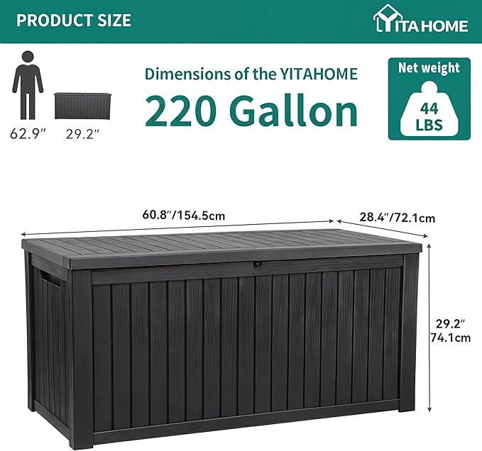 YITAHOME 220 Gallon XL Deck Box Large Outdoor Storage w/Divider for Patio Furniture,Outdoor Cushions, Garden Tools, Sports Equipment and Pool Supplies, Waterproof, Resin, Lockable, Black