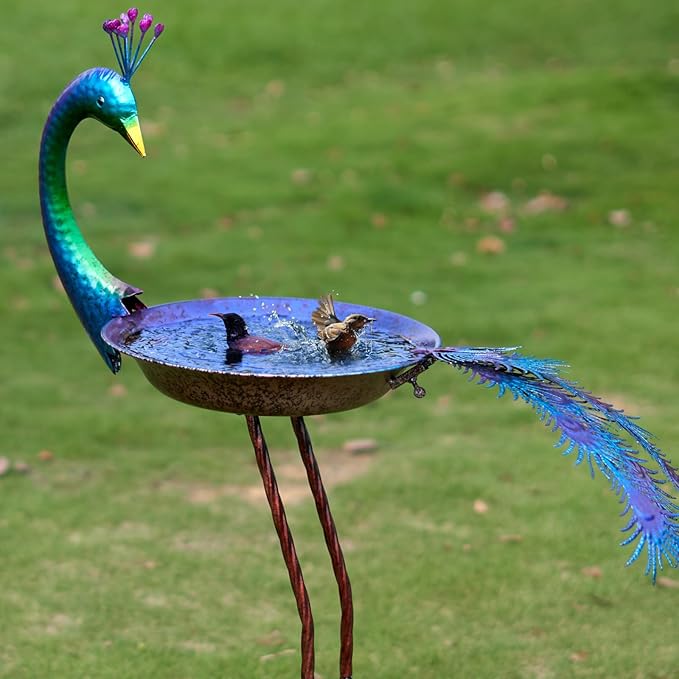 HLQMFHT 12.8" W*38.2" H Peacock Bird Baths for Outdoor, Metal Bird Feeder Seed Trayr,Bird Bath Drinker Plate, Garden Lawn Yard Decor(Multicolor)