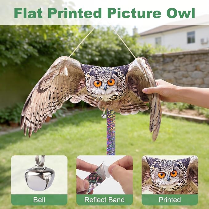 Fake Owl Hanging Outdoor Decoration, 5 Pack Flat Garden Owl with Reflective Tape and Bell to Scare Squirrel Pigeon Woodpecker from House Patio Yard Porch Window, Plastic Owl Scarer