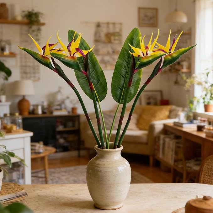 Artificial Bird of Paradise Flowers Real Touch 31.5'in Long Stem Flower 4 Pcs, with Bird of Paradise Leaves 33.5'in Long Stem Greenery Plants 2 Pcs,for Home Garden Wedding Party Decor (Yellow 6 Stems)