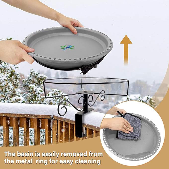 Lovppy Heated Bird Bath for Deck Railing, 100W Thermostatically Controlled Heated Bird Baths for Outdoors Bird Bath Heater, Heated Bird Bath for Outside Winter Garden Patio Yard(Gray)