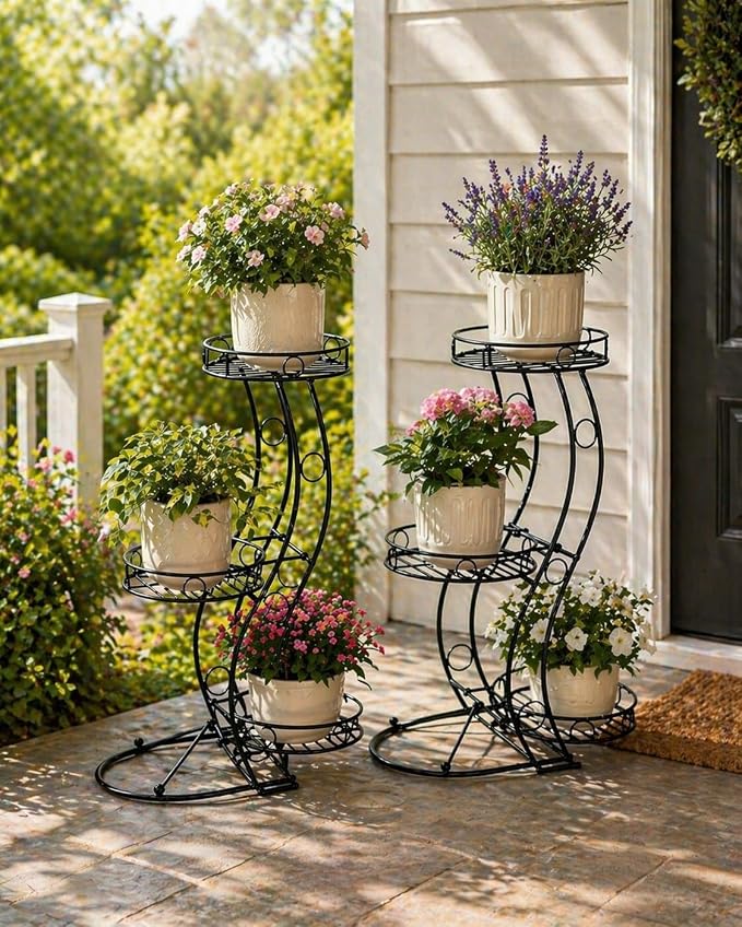 2-Pack Heavy Duty Metal Plant Stand Set (Large & Small) - No Assembly Required - 3 Tier Corner Plant Shelf for Indoor Outdoor - 26" & 23.4" H Wrought Iron Flower Pot Holder Display Rack, Rustproof Black
