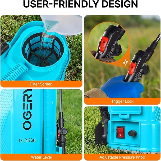 OGERY Battery Powered Backpack Sprayer 4 Gallon, 2.6Ah 21V Battery Electric Pump Sprayer with 6 Nozzles, Telescopic Stainless Steel + Plastic Wand for Lawn Garden Weed Yard Cleaning (Charger Included)