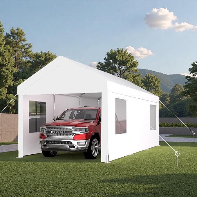 12x20FT Canopy, Outdoor Portable Garage with 2 Roll-Up Doors & 4 Ventilated Windows, Patio Camping Heavy Duty Car Port Canopy with PE Cover, Ground Pegs & Steel Cables, Easy Assembly, White
