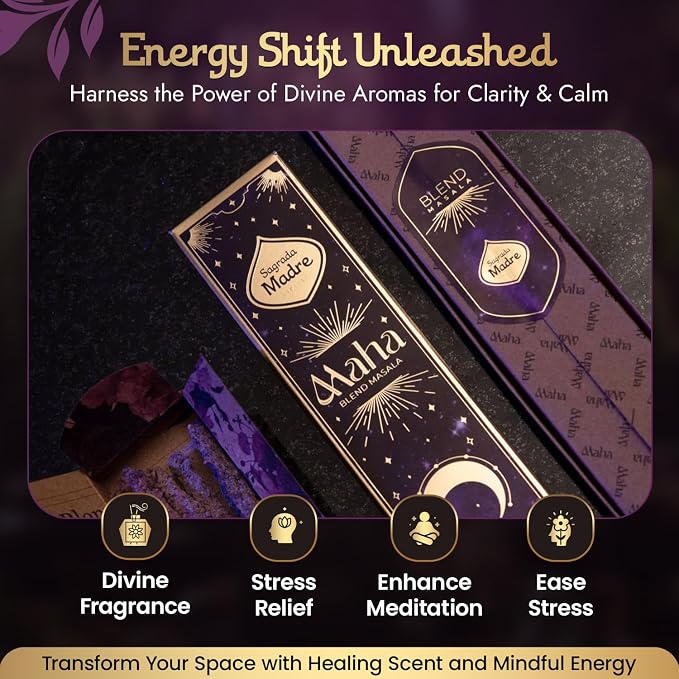 Sagrada Madre - 8 Extra-Durable Maha Masala Incense Sticks - 9” Long Handmade & Thick Aromatherapy Sticks with Rose Petals & Essential Oils for Meditation & Spiritual Harmony - 1 Hour Burn Time