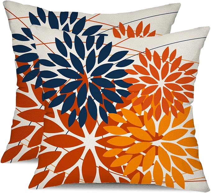 DFXSZ Outdoor Pillow Covers 20x20 Inch Set of 2 Blue Orange Flower Decorative Waterproof Summer Outdoor Pillow Covers Valentines Pillow Covers for Patio Funiture Garden Couch 168N20