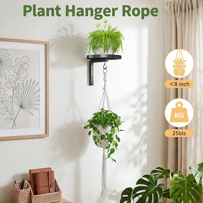 LASZOLA Plant Hanger Shelves Wall Mounted Indoor with 1Pcs Macrame Hanger, Metal Window Plant Holders, 1 Pcs Modern Floating Flower Display Stand with Hook for Outdoor Kitchen Bathroom Decor, Black