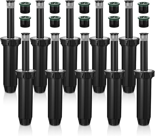 10 Pack Pop up Sprinkler Heads Compatible with 1800 Series, 4 Inch Underground Spray Head with 5 Replacement Nozzles, 0-360° Adjustable Sprinkler Head for Lawn Yard Garden Planter Bed