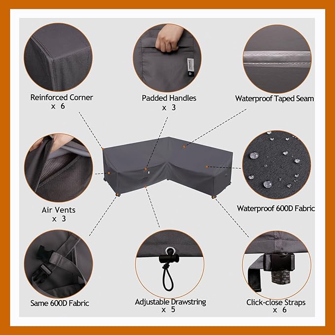 Heavy Duty Outdoor Sectional Cover, 85"x85" 5-Seater Waterproof 600D Patio Furniture Covers, Lawn Patio Couch Protector(Storm Grey,V-Shaped 85"x85")
