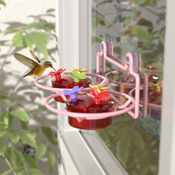 Dreamdrawer 2 Pack Window Hummingbird Feeder, Small Hummingbird Feeder for Outdoors with Strong Suction Cup - Metal Base & 6 Feeding Ports, Easy to Clean and Refill, Pink