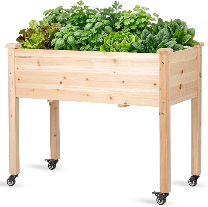 Raised Garden Bed with Lockable Wheels, 40x24x32 inch Elevated Wood Planter with Protective Liner for Vegetable Flower Herb Outdoor Balcony Patio Backyard, Natural