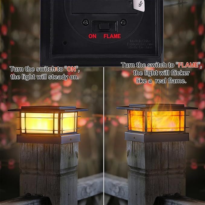 Dynaming 4x4 Solar Post Cap Lights Outdoor with Flickering Flame Light, Black Shell Fence Post Solar Lights Fit Vinyl/Wooden Posts, Brightness LED Lighting Decor for Garden Deck Patio, 12 Pack