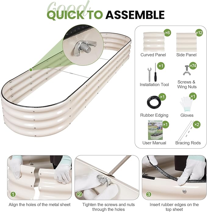 G GOOD GAIN Raised Garden Beds - 8x2x1ft Galvanized Planter Boxes Kit with Protective Tape & Gloves & Tools | Oval Metal Outdoor Raised Bed for Gardening Vegetables, Fruits, Flowers, Herbs, White