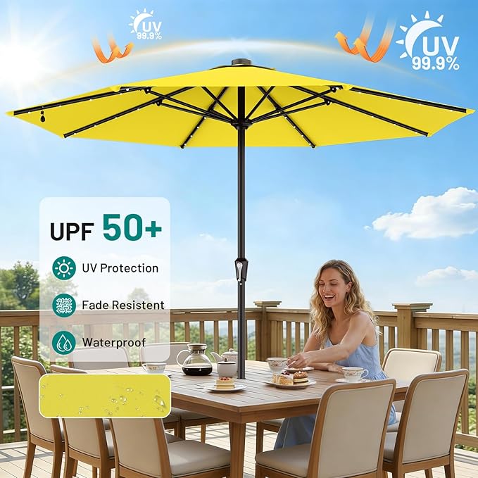 AreShark 11FT Large Patio Umbrella with Solar Lights, Lighted Solar Umbrella with Crank, Outdoor Table Market Umbrellas for Garden, Deck, Backyard, Pool and Beach, Yellow