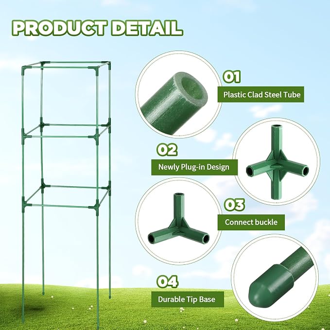 Menkxi 8 Pack 48 Inch Square Tomato Cages for Garden Heavy Duty Plant Cages Plant Support Stake Tower Climbing Vegetables Fruit Plants Cages with 200m Garden Wire 100 Cable Ties 50 Green Plant Clips
