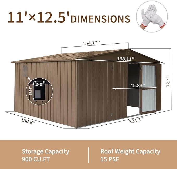 Christopher Knight Home Avonn Backyard Storage Shed 11' x 12.5' with Galvanized Steel Frame & Windows, Outdoor Garden Shed Metal Utility Tool Storage Room with Lockable Door for Patio, Brown