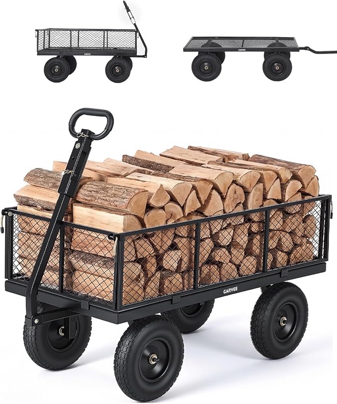 Garvee Versatile Outdoor Utility Cart-1000LBS Heavy-Duty, 13" All-Terrain Pneumatic Tires, Vehicle-Connectable, Easy Maneuverable Lawn Cart with Removable Mesh Panels for Gardening & Landscaping,Black