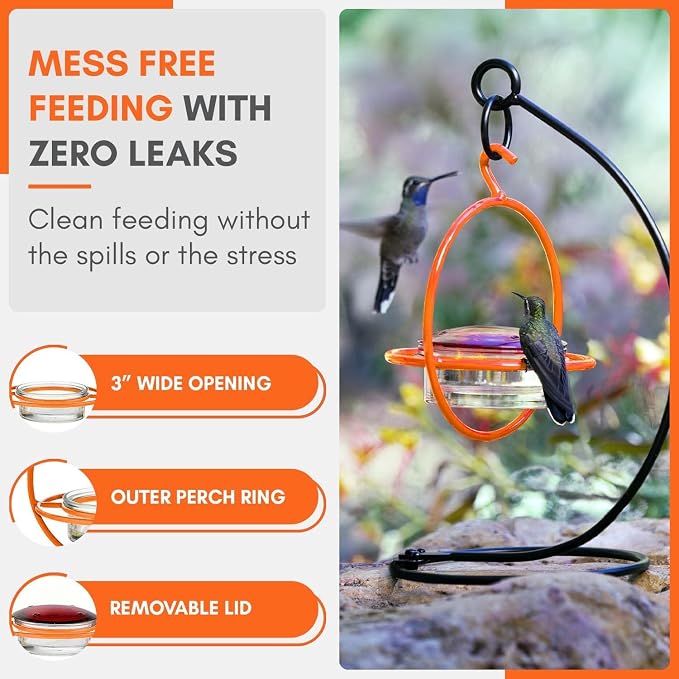 Hummingbird Feeder for Outdoors Hanging, 3.4 OZ Hummingbird Feeders, Glass Bowl with 4 Feeding Ports, Leak Proof Lid & Circular Perch, Bird Feeder (3, Orange)