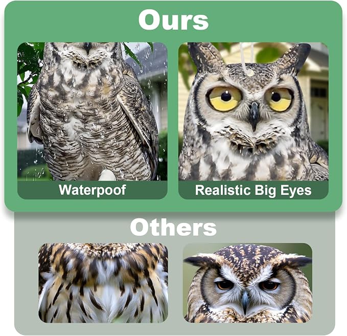5PCS Reflective Plastic Owl Hanging Decoration Dual-Side Printed Raster Fake Eagle Garden Owl with Scare Tape for Garden Patio Windows