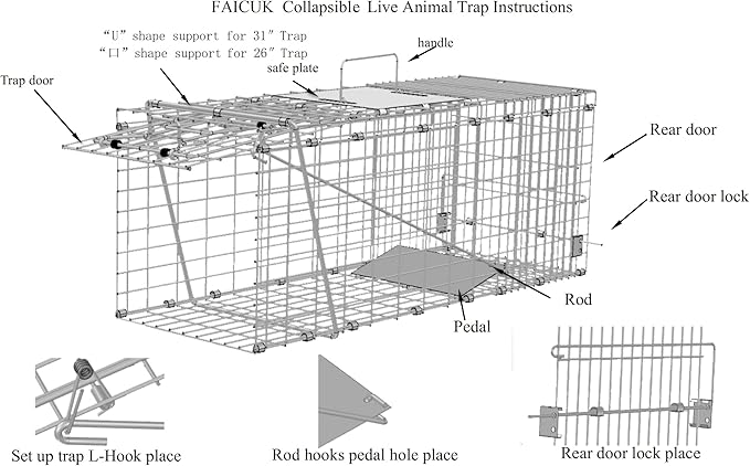 Faicuk Large Collapsible Humane Live Animal Cage Trap for Raccoon, Opossum, Stray Cat, Rabbit, Groundhog and Armadillo 32 x 11 x 13 Inch