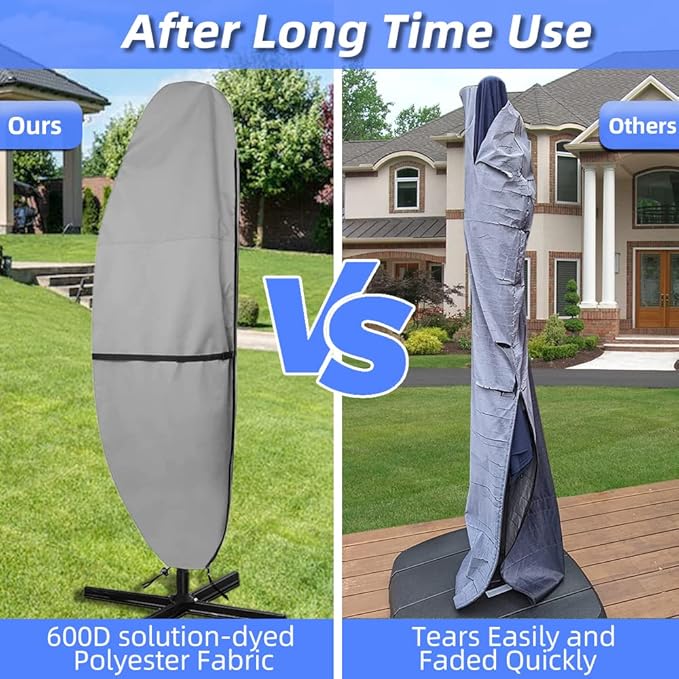 Patio Parasol Cover - 600D Waterproof, Anti-UV Fits 7.5-11.5 Feet Offset Umbrella（Gray）