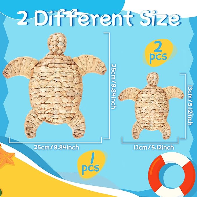 Threehoney 3 Pcs Sea Turtle Beach Theme Decor 3 Size Handmade Wicker Turtle Wall Decor Sea Life Hanging Wall Art Coastal Nautical Sculpture Table Decoration for Boho Bathroom Indoor Outdoor Ornament