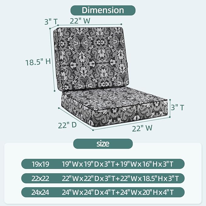 Favoyard Deep Seat Patio Cushion 22 x 22 x 3 in Waterproof Seat & Back Cushion Set with Color Fade Resisitant Pattern, Portable Handle, Attach Straps, Zipper on Removable Cover for Outdoor Furniture