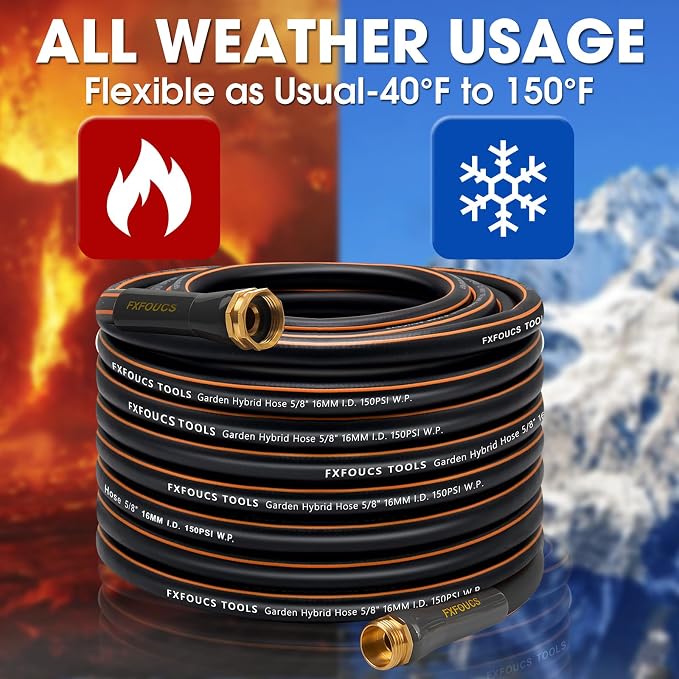 Heavy Duty Garden Hose – 5/8 Inch Flexible Lightweight Hybrid Hose with 600 PSI Burst Pressure, Swivel Handle,All-Weahter Water Hose, Durable Copper Male/Female Fittings (Black, 75FT)