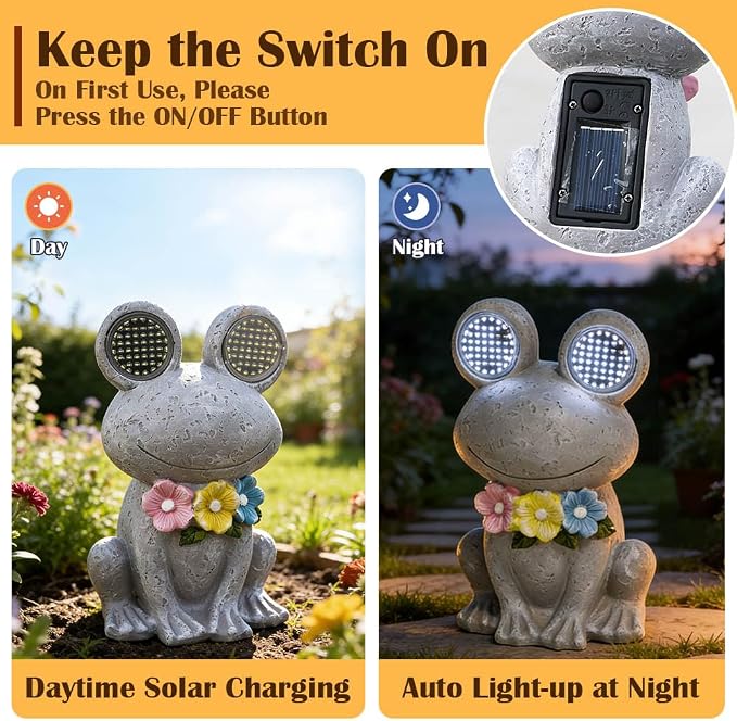 Outdoor Solar Garden Statue, Dynamic LED Light with Flower Sculpture, Art Decor for Patio Porch Lawn Backyard, Housewarming Gifts for Women (Stone Frog)