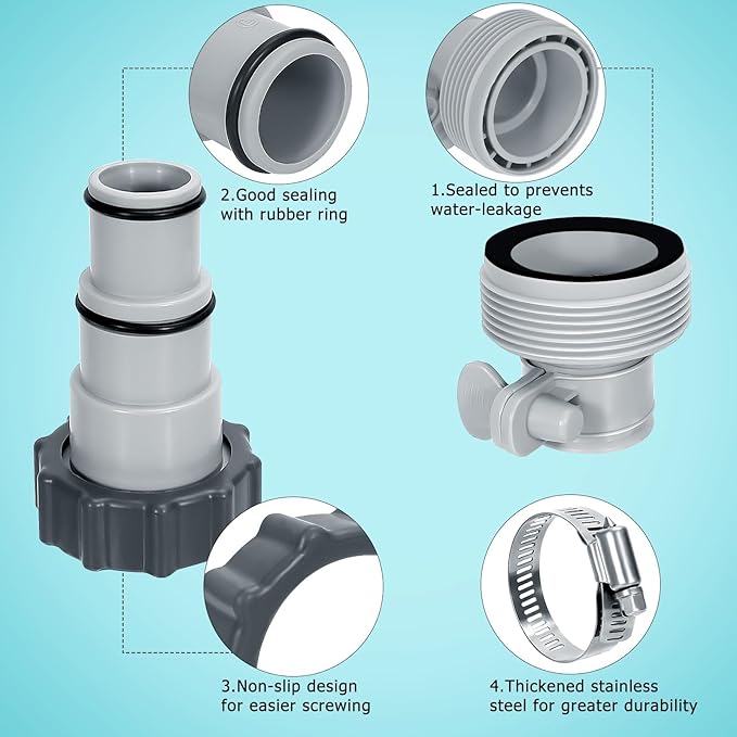 Pool Hose Adapter Type A & B for 1.25 and 1.5 Inch Hoses, Pool Hose Conversion Kit with 2 Clamps and 2 Washers, Compatible with Select Intex Threaded Filter Pumps for Above Ground Pools