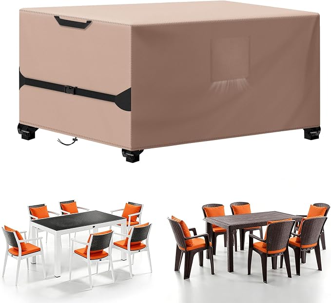 Kovshuiwe Rectangular Patio Table Cover, 76" L x 54" W x 28" H, Khaki | 600D Oxford Cloth, Waterproof, Shade and Rain Protection for Outdoor Dining Table and Chairs Furniture Cover