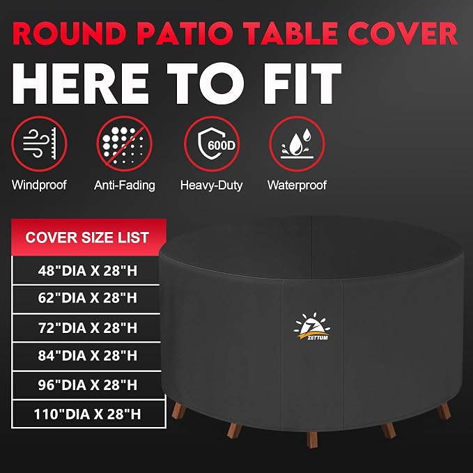 Zettum Round Patio Table Cover 72 Inch - 600D Outdoor Furniture Cover Round Waterproof & Heavy Duty, Lawn Furniture Set Covers for Outside Dining Table and Chairs Seating Combo - 72 x 72 x 28 Inch