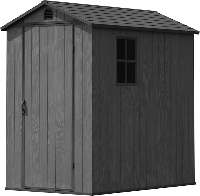 Greesum 4x6FT Plastic Storage Shed with Floor, Resin Outdoor Storaged Sheds with Lockable Door, All Weather Tool Shed with Window and Vent, Easy Assembly for Garden, Backyard, Patio, Dark Gray